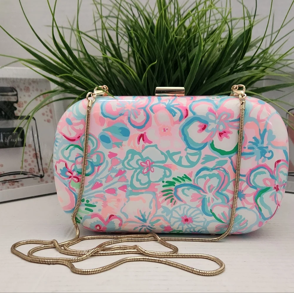 Lilly Pulitzer Hardshell Clutch Floral Pastel Crossbody Bag with Gold Chain